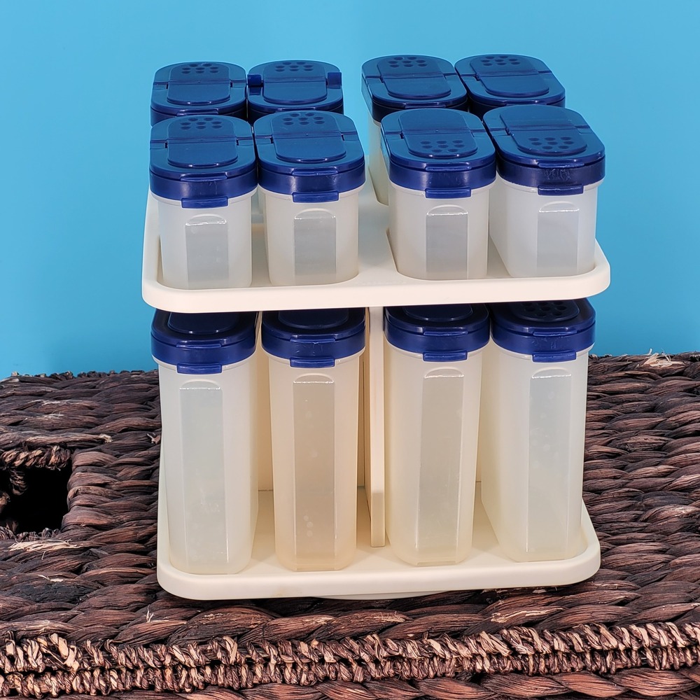 Tupperware Modular Mates Spice Carousel Rack 16 Shaker Containers Blue vintage